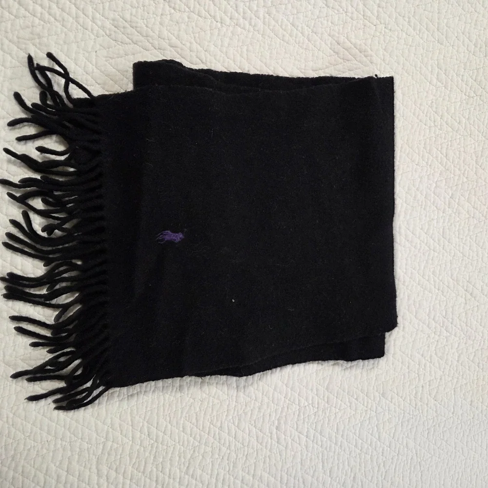 Polo Ralph Lauren Scarf Black 100% Lambswool Purple Pony Logo‎ Made in Italy